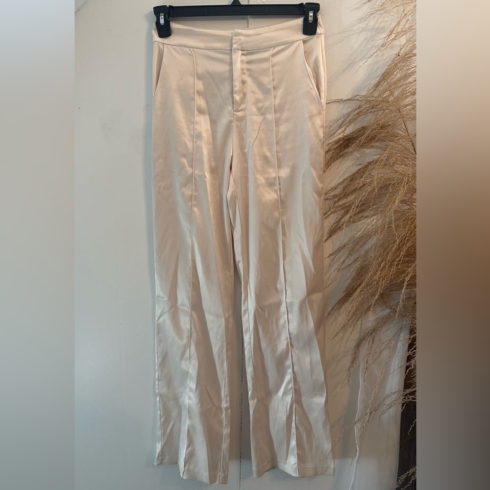 12th Tribe Satin Wide-Leg Trousers in Creamy Beige